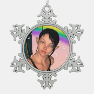 Fairy under Rainbow Snowflake Pewter Christmas Ornament