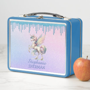 Fairy Unicorn Dripping Blue Glitter Metal Lunch Box