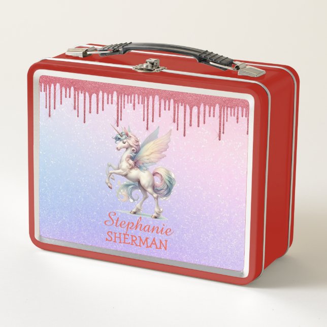 Fairy Unicorn Dripping Pink Red Glitter Metal Lunch Box (Front)
