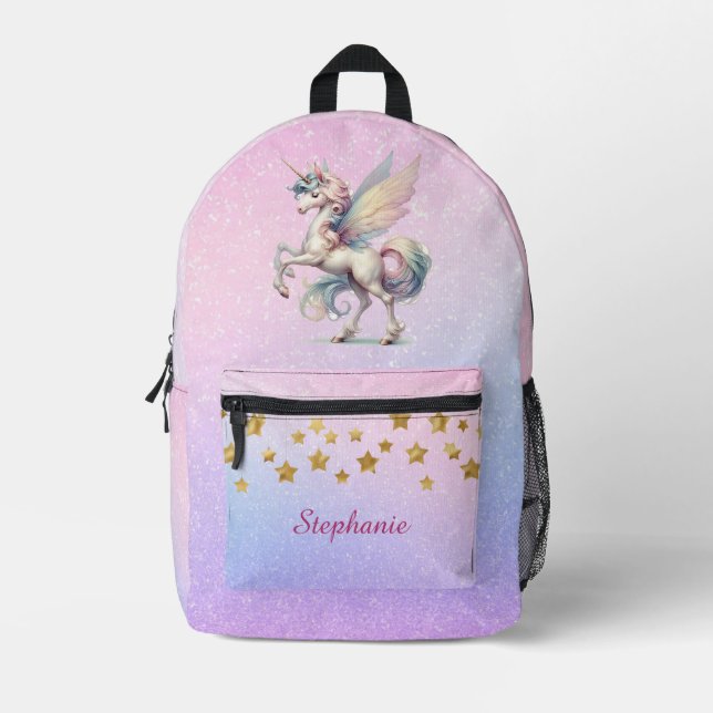 Fairy Unicorn Pastel Purple Pink Glitter Gold Star Printed Backpack (Front)