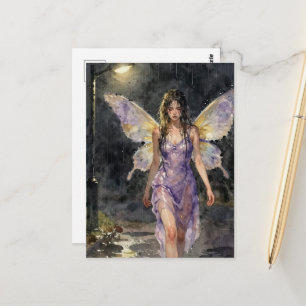Fairy walking in a rainy night postcard