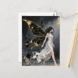 Fairy Walking in the Rain Gold and Black Details Postcard