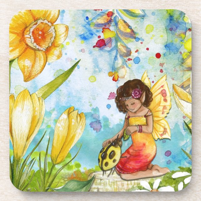 Fairy watercolour illustration whimsical coaster (Front)