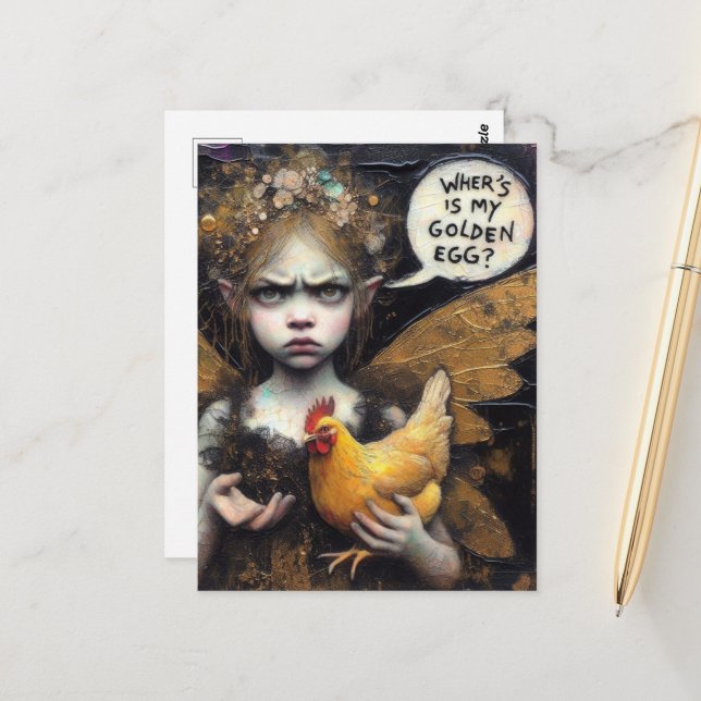 Fairy Wheres My Golden Egg Annoyed with Hen Postcard (Front/Back In Situ)