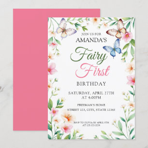 Fairy White & Pink Butterfly Floral 1st Birthday Invitation