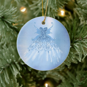 Fairy Wing Ice Gown   Frost Blue Iridescent Sheen Ceramic Ornament