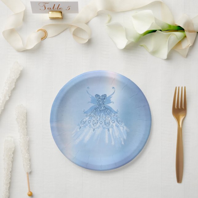 Fairy Wing Ice Gown | Frost Blue Iridescent Sheen Paper Plate (Wedding)