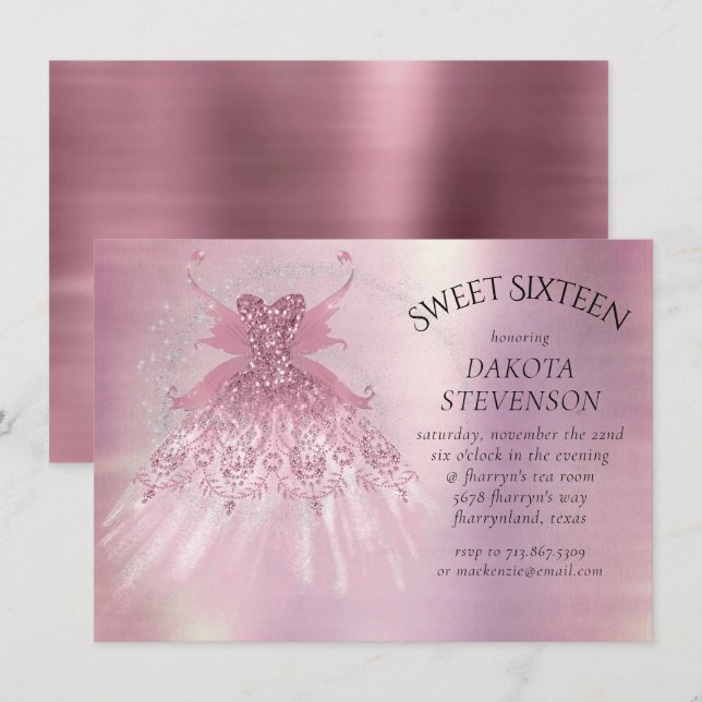 Fairy Wing Mauve Gown | Luxurious Dusty Pink Sheen Invitation (Front/Back)
