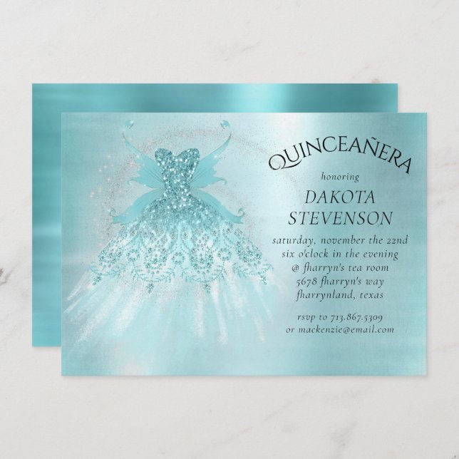 Fairy Wing Mint Gown | Luxe Pearl Green Aqua Sheen Invitation (Front/Back)