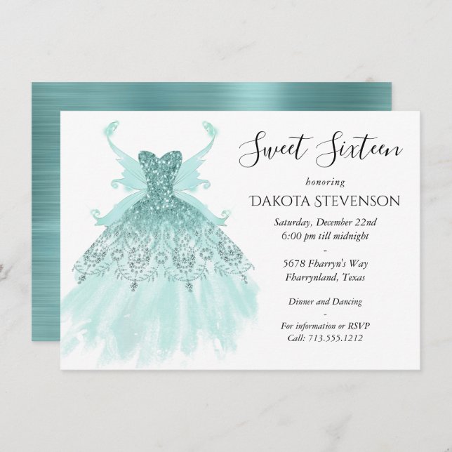 Fairy Wing Mint Gown | Luxe Pearl Green Aqua Sheen Invitation (Front/Back)