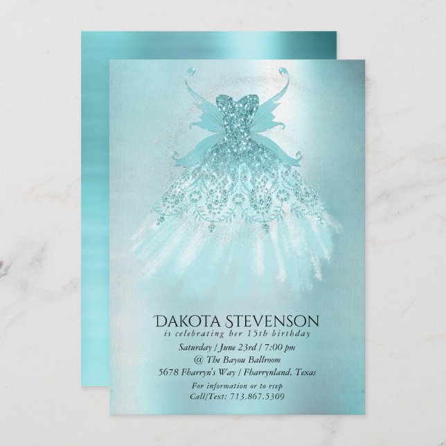 Fairy Wing Mint Gown | Luxe Pearl Green Aqua Sheen Invitation (Front/Back)