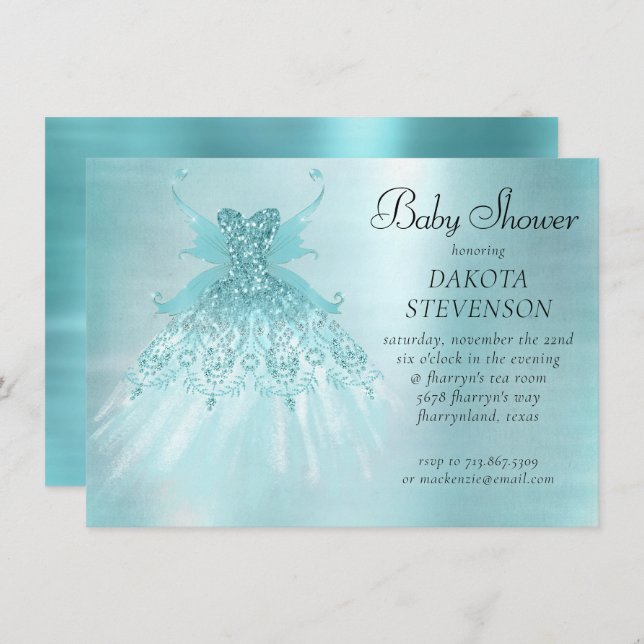 Fairy Wing Mint Gown | Luxe Pearl Green Aqua Sheen Invitation (Front/Back)