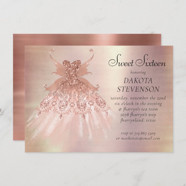 Fairy Wing Rose Gold Gown | Terracotta Coral Sheen Invitation (Front/Back)