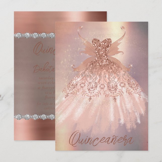 Fairy Wing Rose Gold Gown | Terracotta Coral Sheen Invitation (Front/Back)