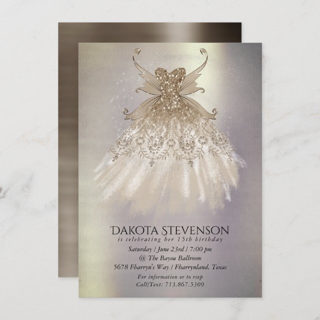 Fairy Wing Taupe Gown | Champagne Elegant Sheen Invitation (Front/Back)