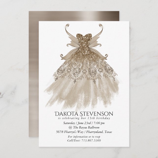 Fairy Wing Taupe Gown | Champagne Elegant Sheen Invitation (Front/Back)