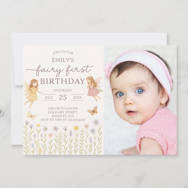 Fairy Wings First Birthday Invitation with photo (Front)