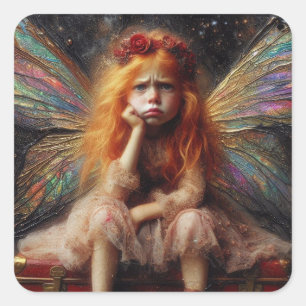 Fairy With An Attitude Sits on Vintage Suitcase Square Sticker