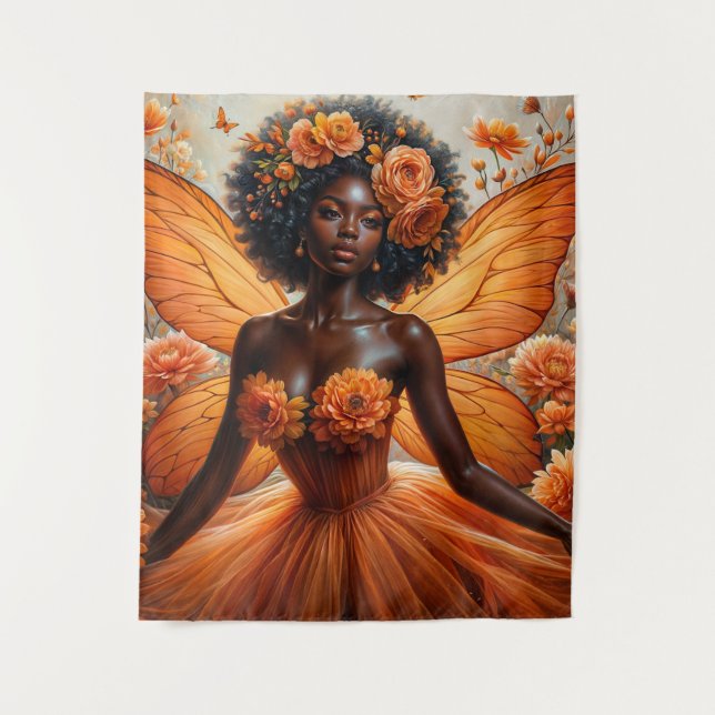 Fairy With Dark Skin In Orange Floral Tapestry (Front)