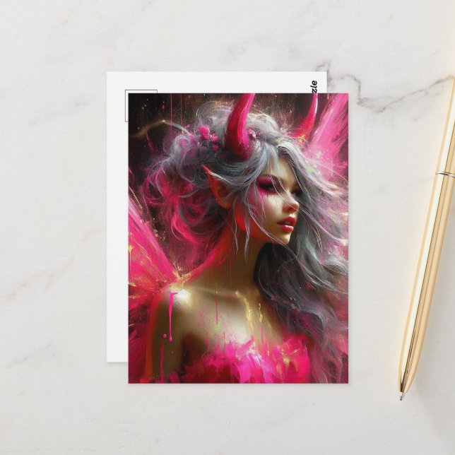 Fairy With Horns in a Bright Pink Dress  Postcard (Front/Back In Situ)