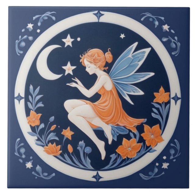 Fairy with Moon & Stars Night blue & orange Ceramic Tile (Front)