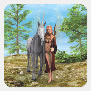 Fairy with Unicorn Square Sticker