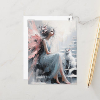 Fairy With White Cat on the Stairs Postcard