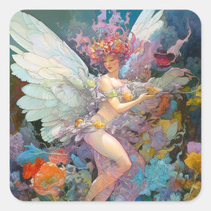 Fairy Woman In Flowers Fantasy Art Square Sticker