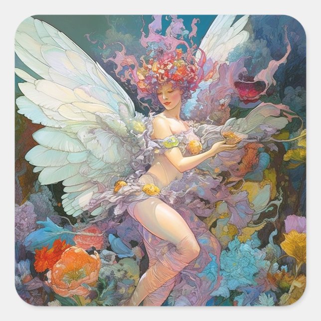 Fairy Woman In Flowers Fantasy Art Square Sticker (Front)