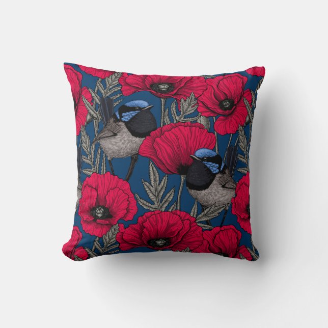 Fairy wren and poppies cushion (Front)
