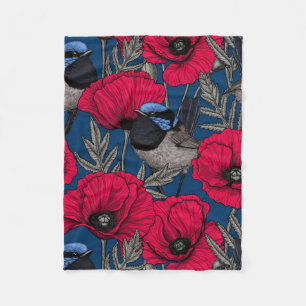 Fairy wren and poppies fleece blanket