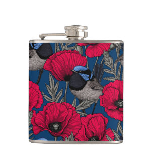 Fairy wren and poppies hip flask