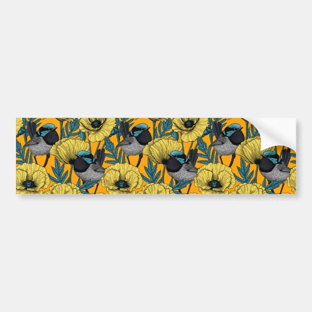 Fairy wren and poppies in yellow bumper sticker (Front)