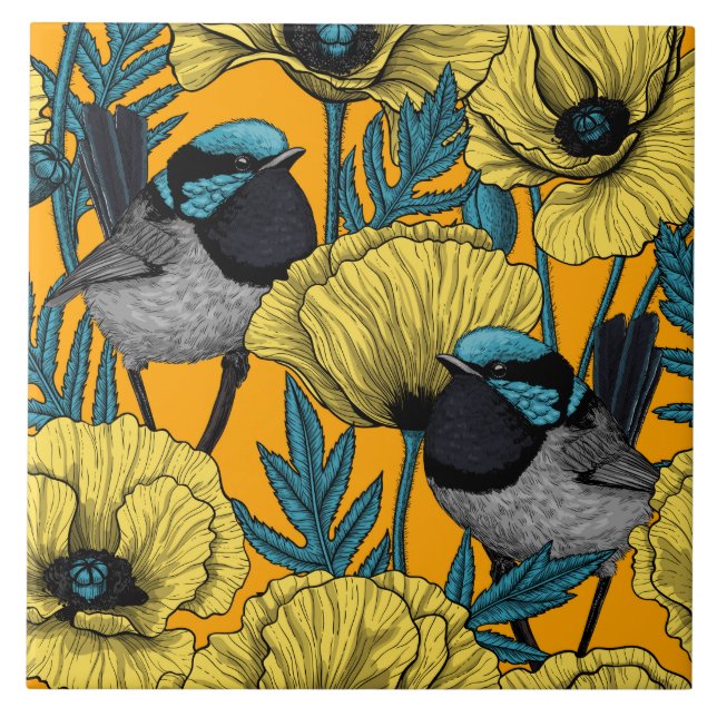 Fairy wren and poppies in yellow ceramic tile (Front)