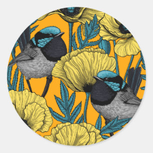 Fairy wren and poppies in yellow classic round sticker