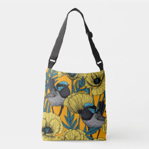 Fairy wren and poppies in yellow crossbody bag