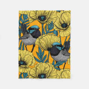 Fairy wren and poppies in yellow fleece blanket