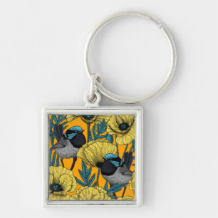 Fairy wren and poppies in yellow key ring