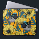 Fairy wren and poppies in yellow laptop sleeve<br><div class="desc">Fairy-wren and poppies,  seamless pattern drawn on Illustrator.</div>