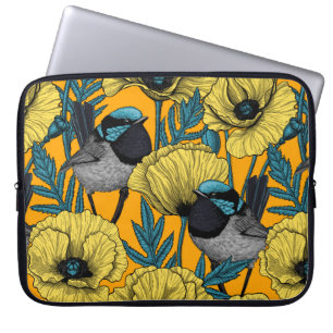 Fairy wren and poppies in yellow laptop sleeve