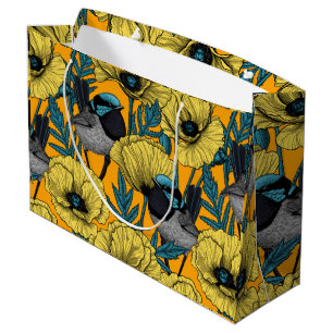 Fairy wren and poppies in yellow large gift bag
