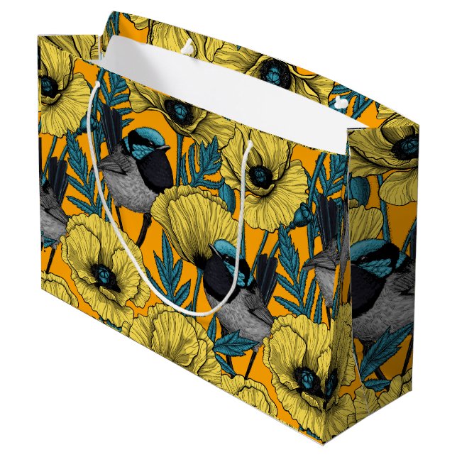 Fairy wren and poppies in yellow large gift bag (Back Angled)