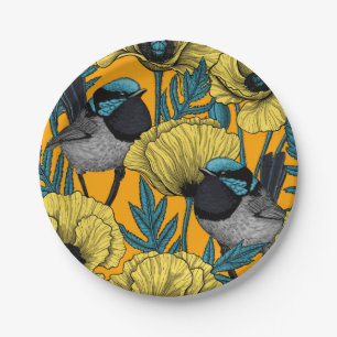 Fairy wren and poppies in yellow paper plate