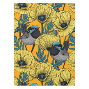 Fairy wren and poppies in yellow tablecloth