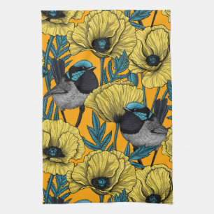 Fairy wren and poppies in yellow tea towel