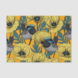 Fairy wren and poppies in yellow tissue paper