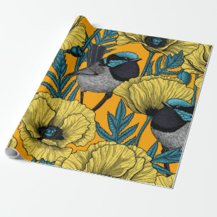 Fairy wren and poppies in yellow wrapping paper