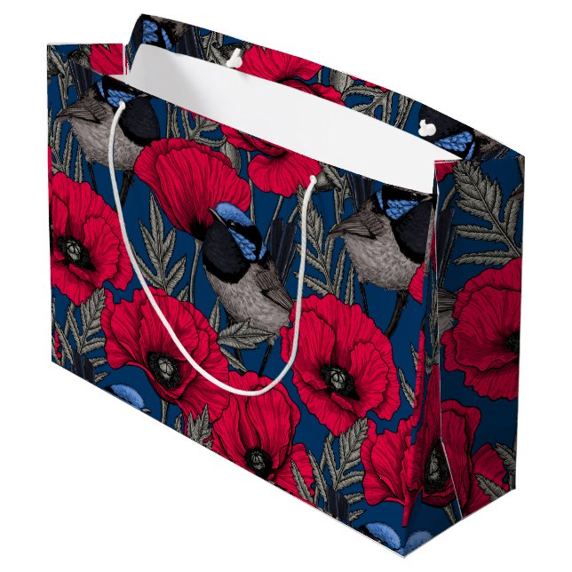 Fairy wren and poppies large gift bag (Back Angled)