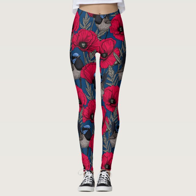 Fairy wren and poppies leggings (Front)