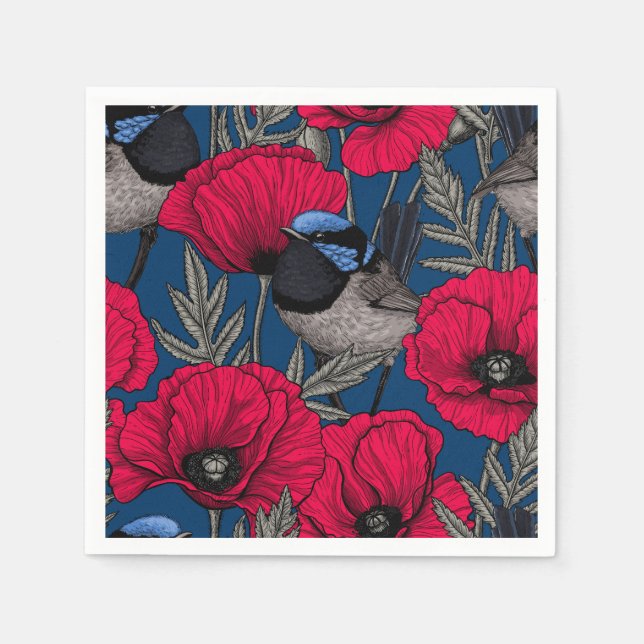 Fairy wren and poppies napkin (Front)